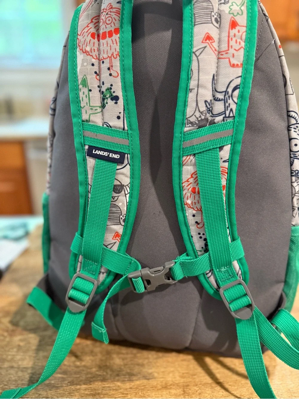 Lands End Kids Monster Doodle Print Backpack – White with Green Trim
